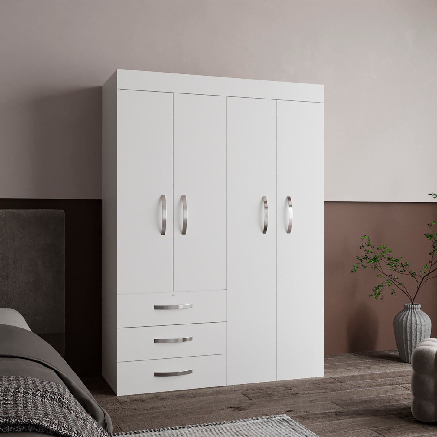Hamilton Mobile Armoire, 4-Doors Cabinet, Three Drawers, Rods, Four Shelves, White  - Bedroom