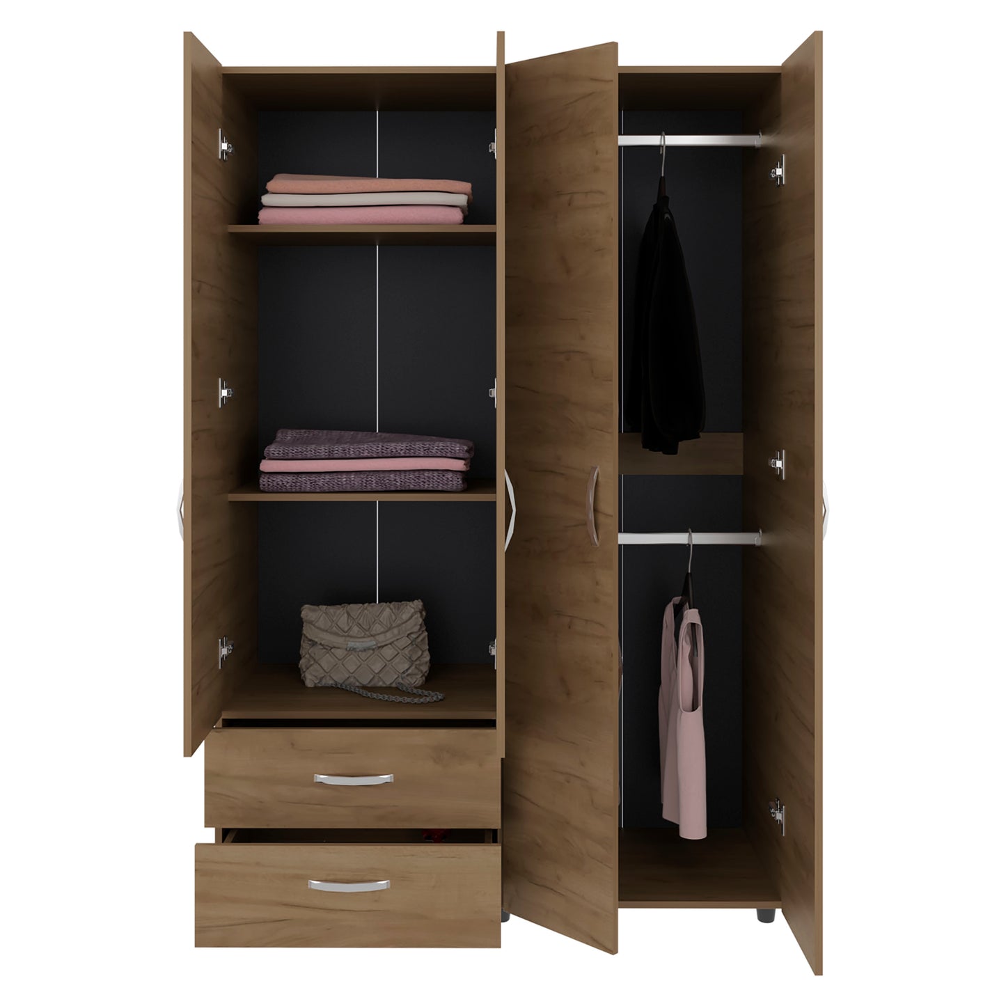 70.9" Natural Wood Armoire with 2 Drawers & Hanging Rods for Bedroom