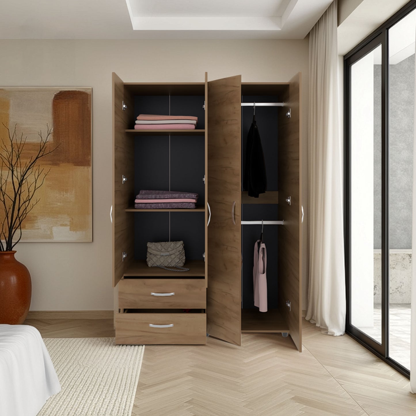 70.9" Natural Wood Armoire with 2 Drawers & Hanging Rods for Bedroom