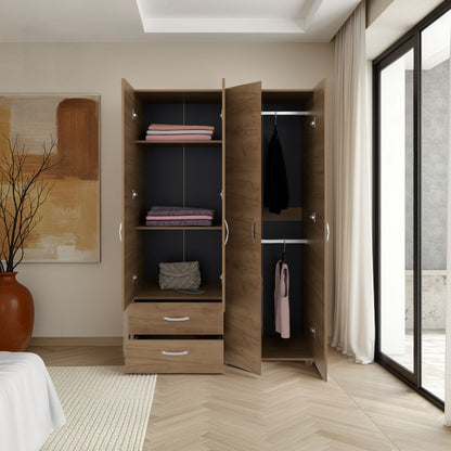 70.9" Natural Wood Armoire with 2 Drawers & Hanging Rods for Bedroom