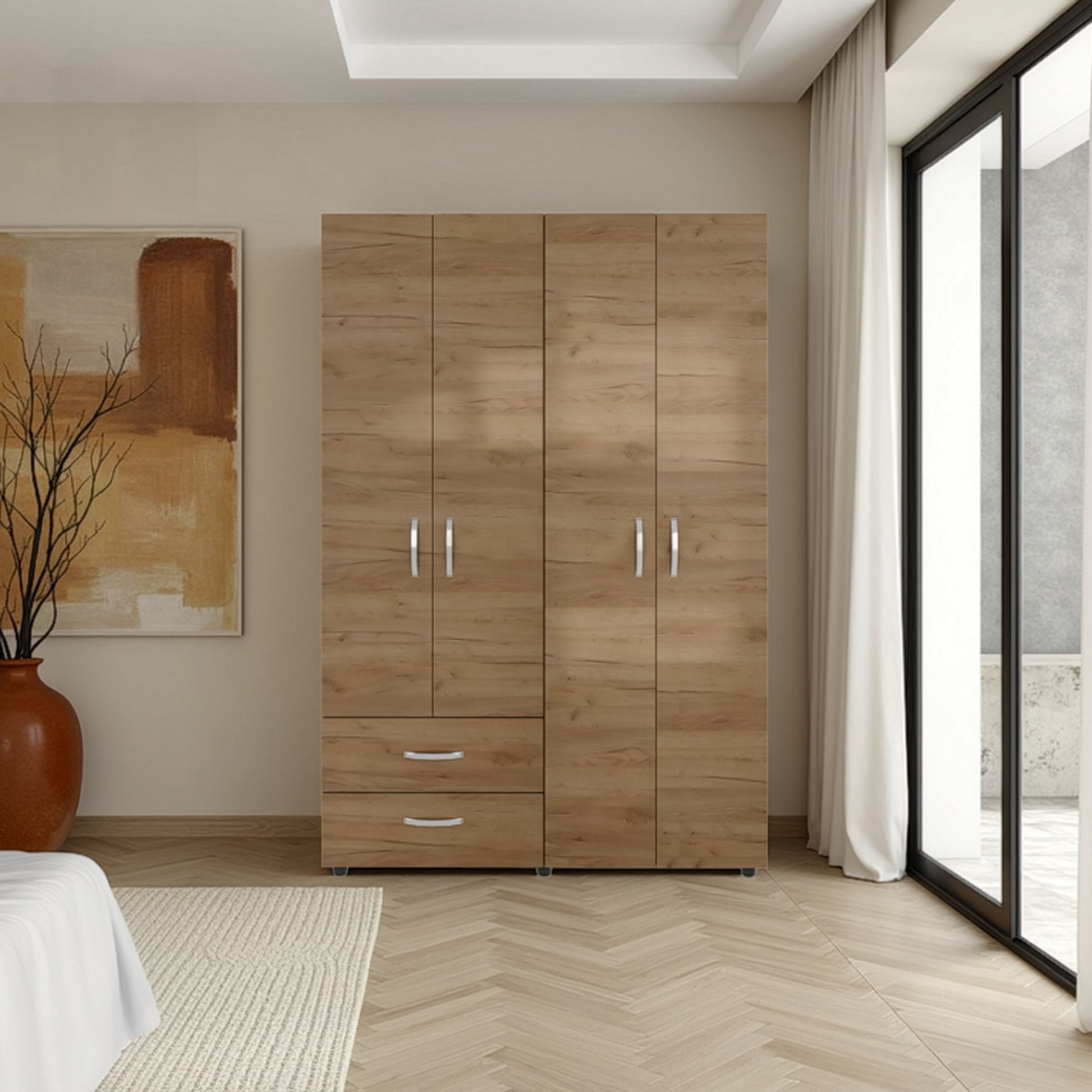 Armoire, 4 Doors, 2 Drawers, 3 Shelves, 70.9" H, Natural Oak  - Bedroom