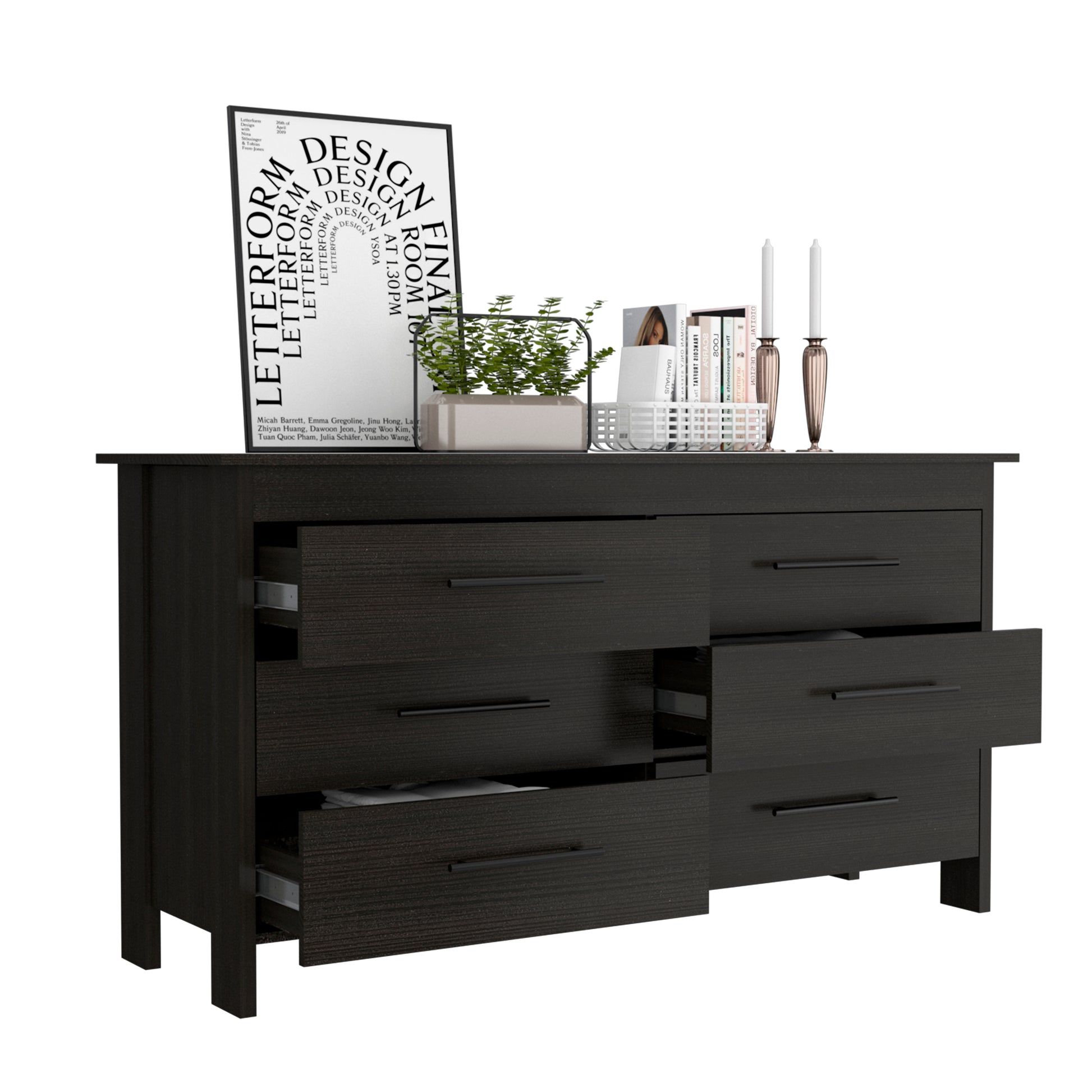 Black 6 Drawer Dresser - Engineered Wood Storage for Bedroom