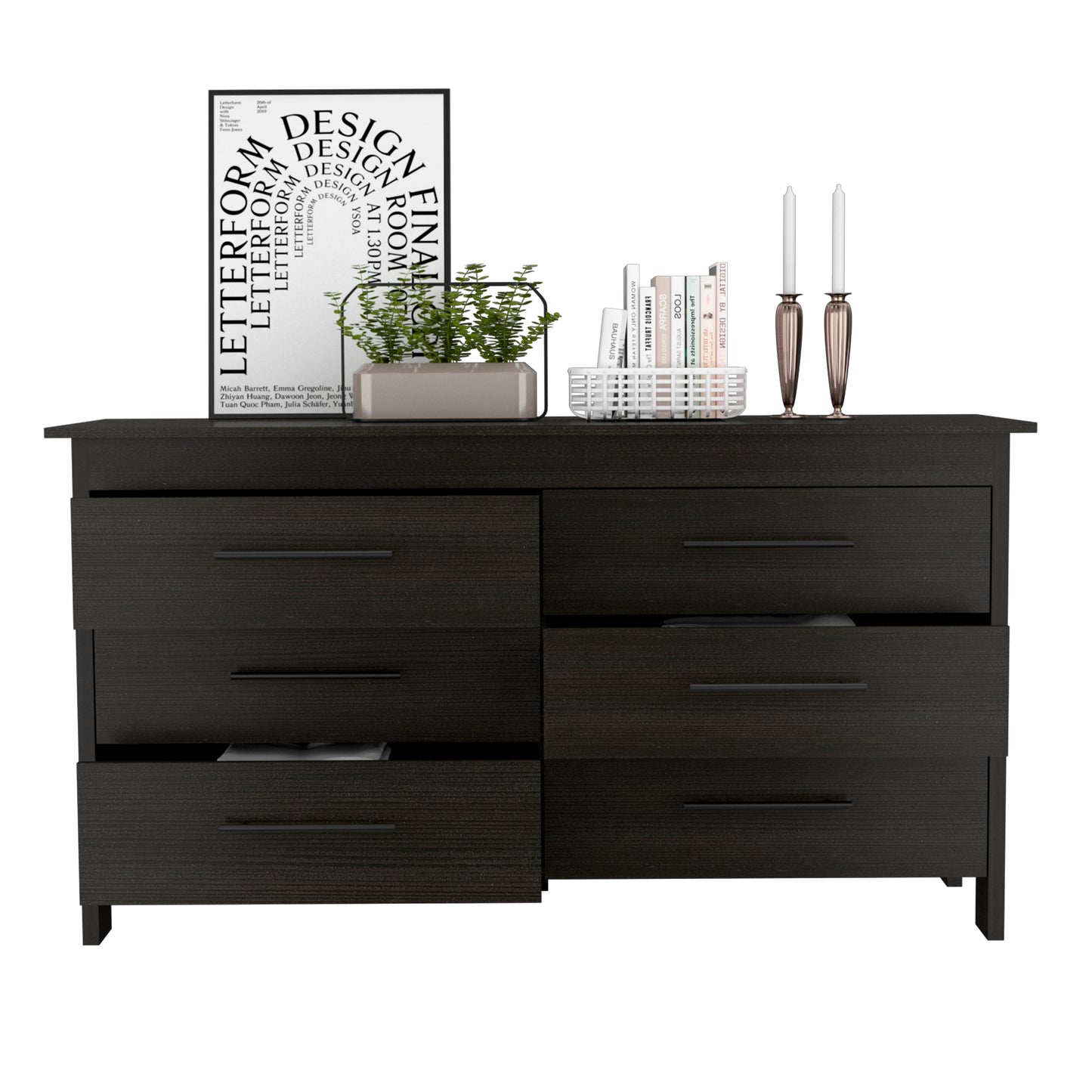 Black 6 Drawer Dresser - Engineered Wood Storage for Bedroom