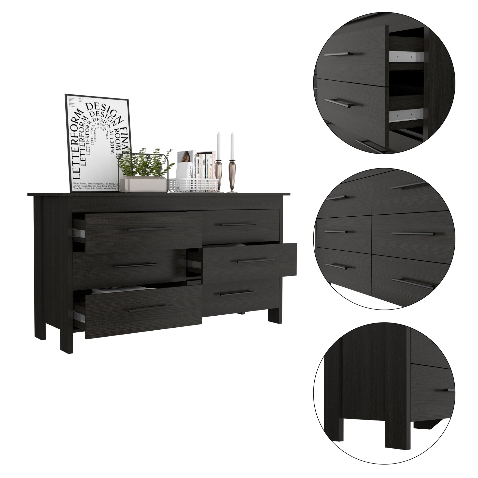 Black 6 Drawer Dresser - Engineered Wood Storage for Bedroom