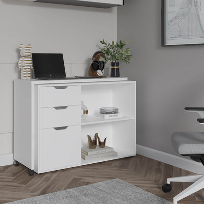 Rotable Desk 31.7" H, 1 Door, 2 Drawers, 2 Shelves, 2 Wheels, White