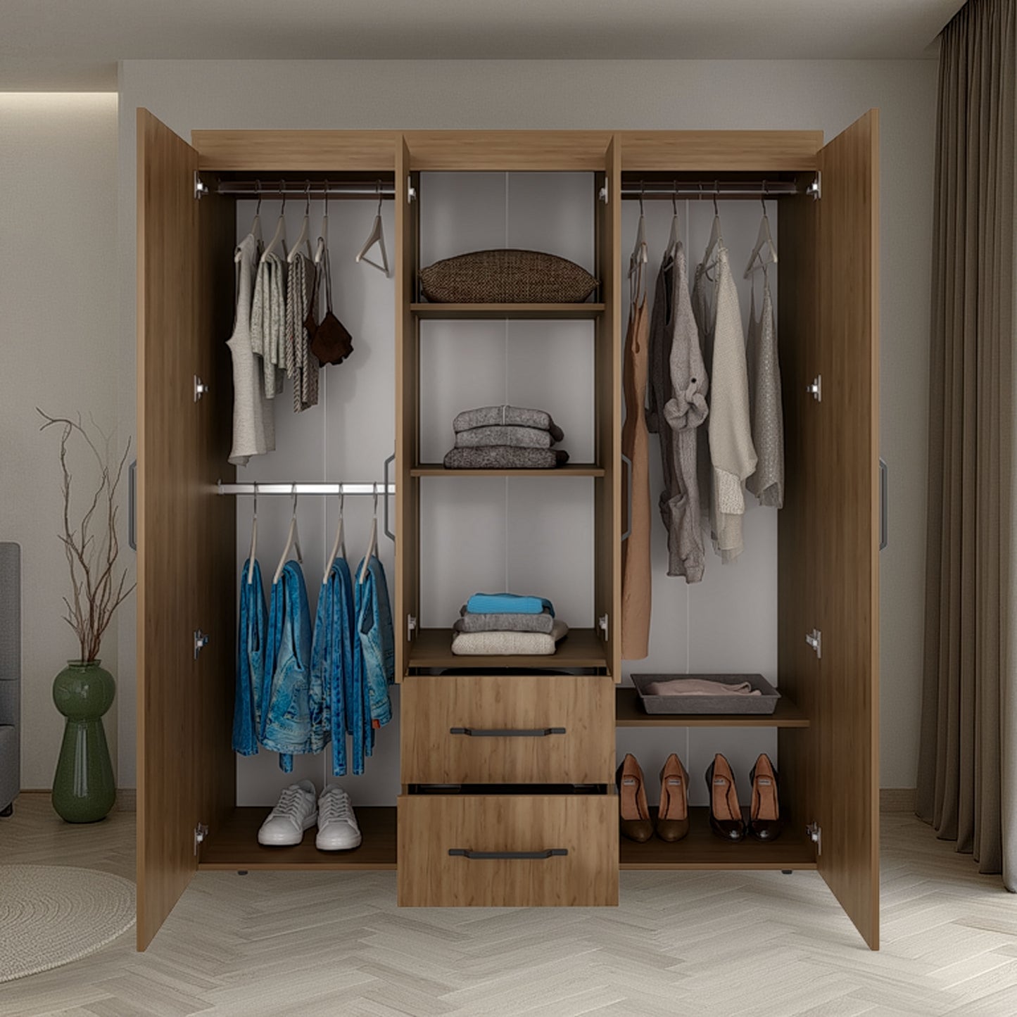 70" Natural Engineered Wood Wardrobe with Hanging Space