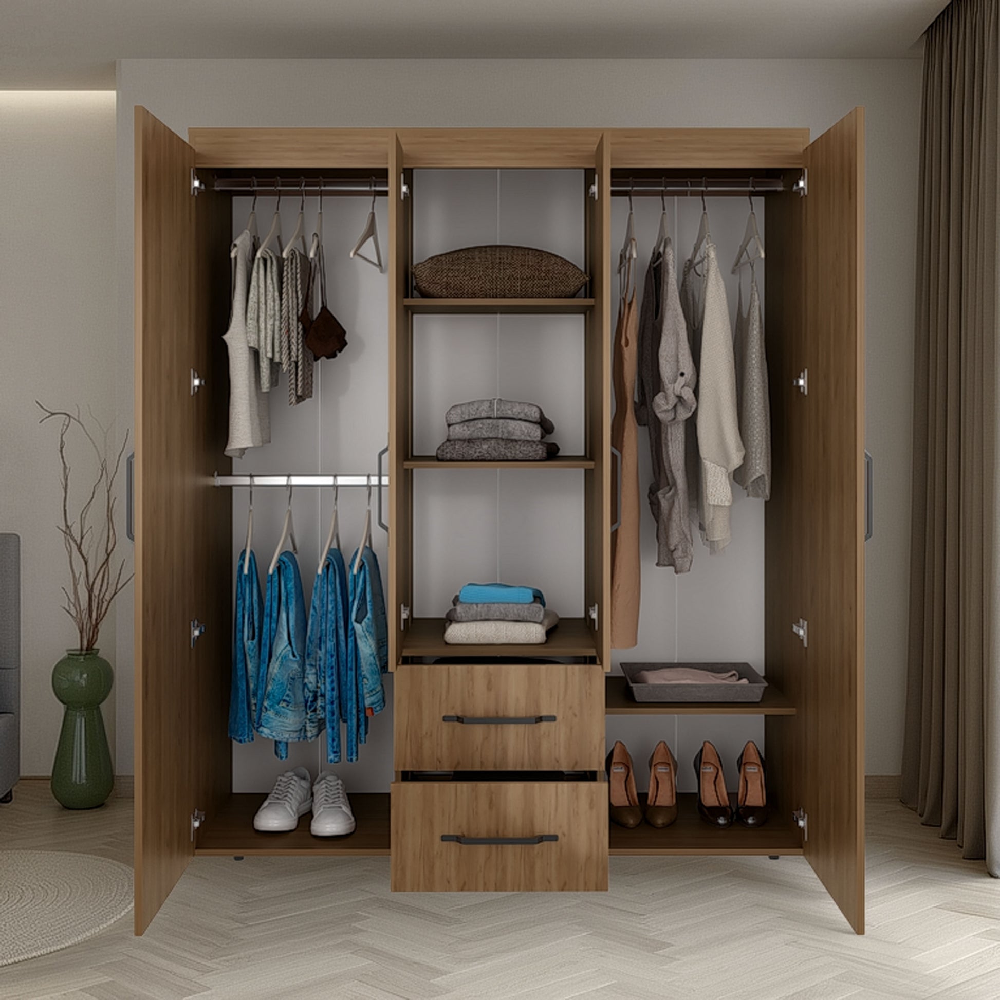70" Natural Engineered Wood Wardrobe with Hanging Space