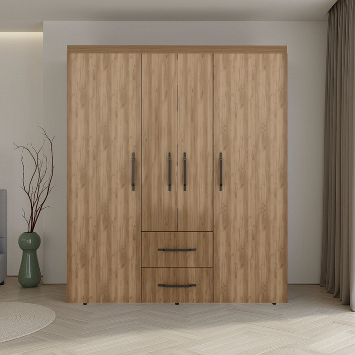 Valier Wardrobe, Deluxe Armoire with Multiple Storage Options and Metal Accents, Natural Oak