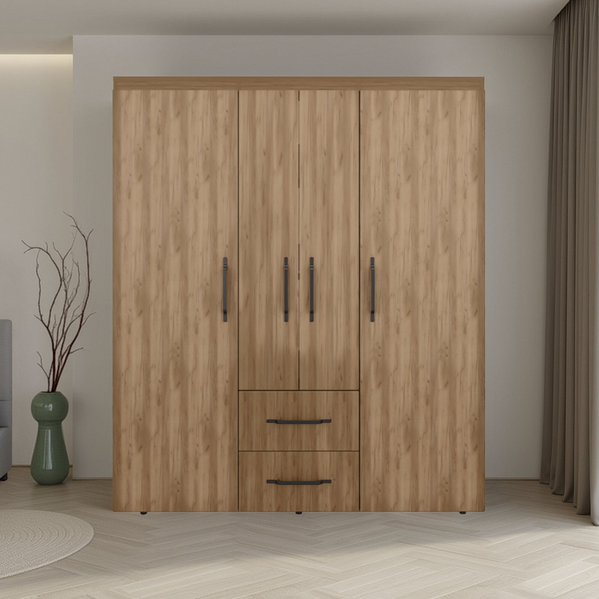 Valier Wardrobe, Deluxe Armoire with Multiple Storage Options and Metal Accents, Natural Oak