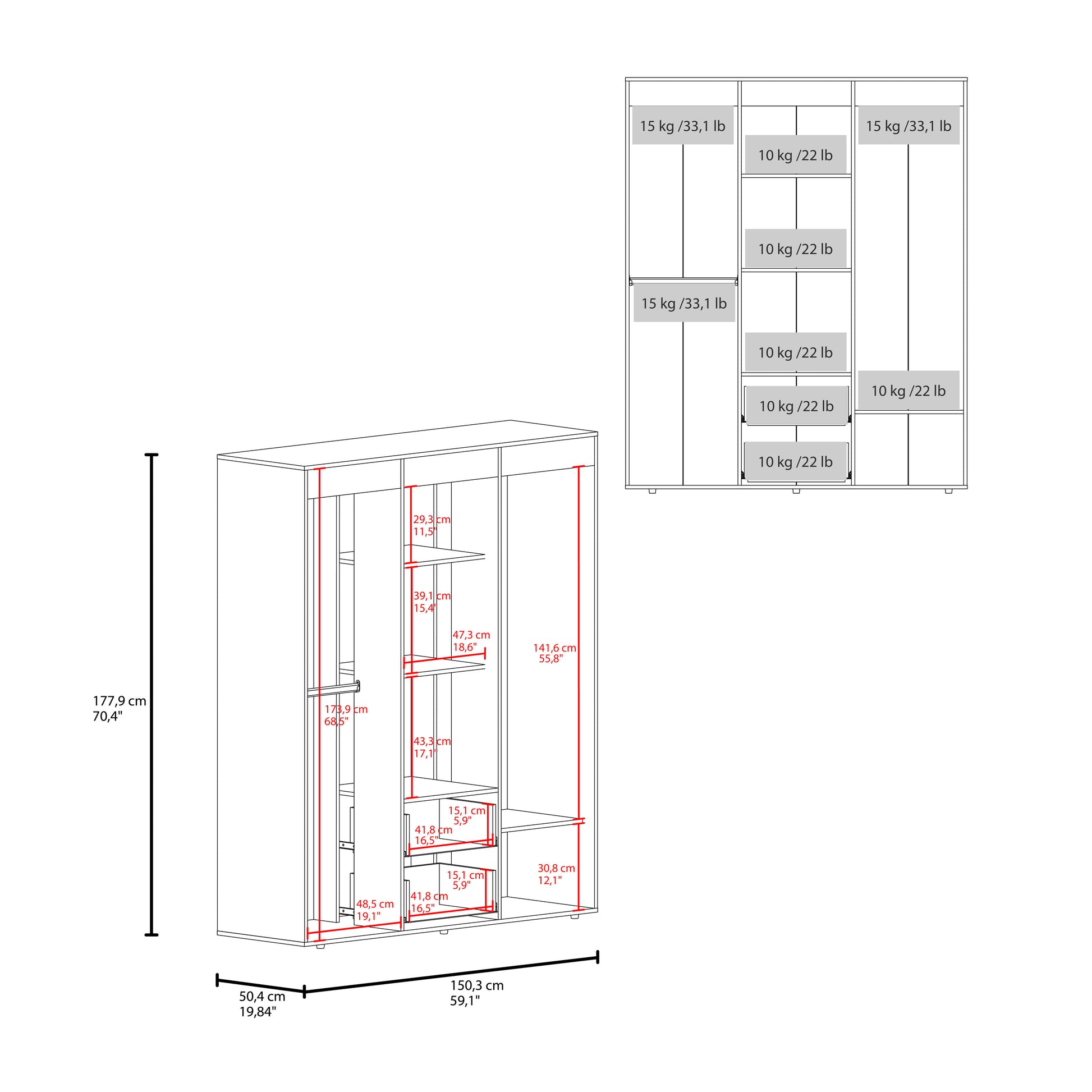 Dark Walnut Wardrobe with 6 Shelves & Hanging Space