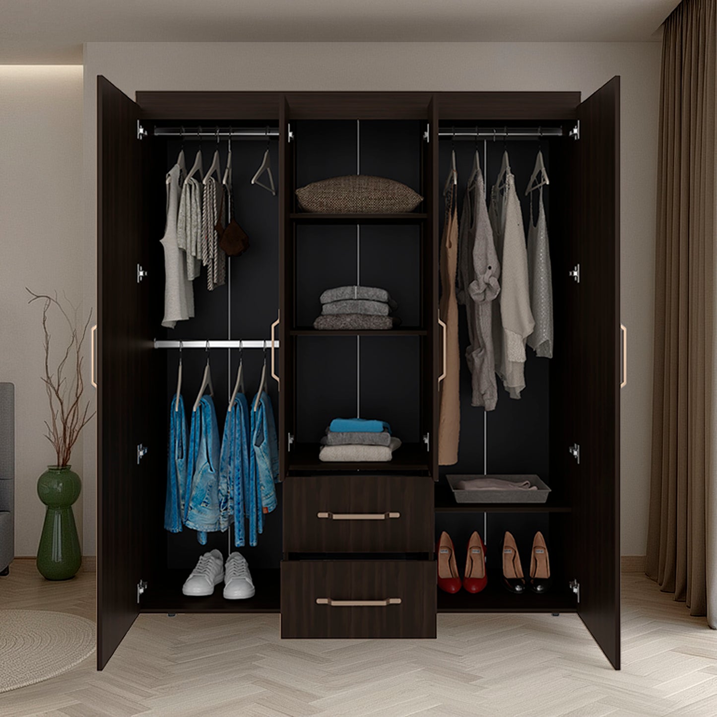 Dark Walnut Wardrobe with 6 Shelves & Hanging Space