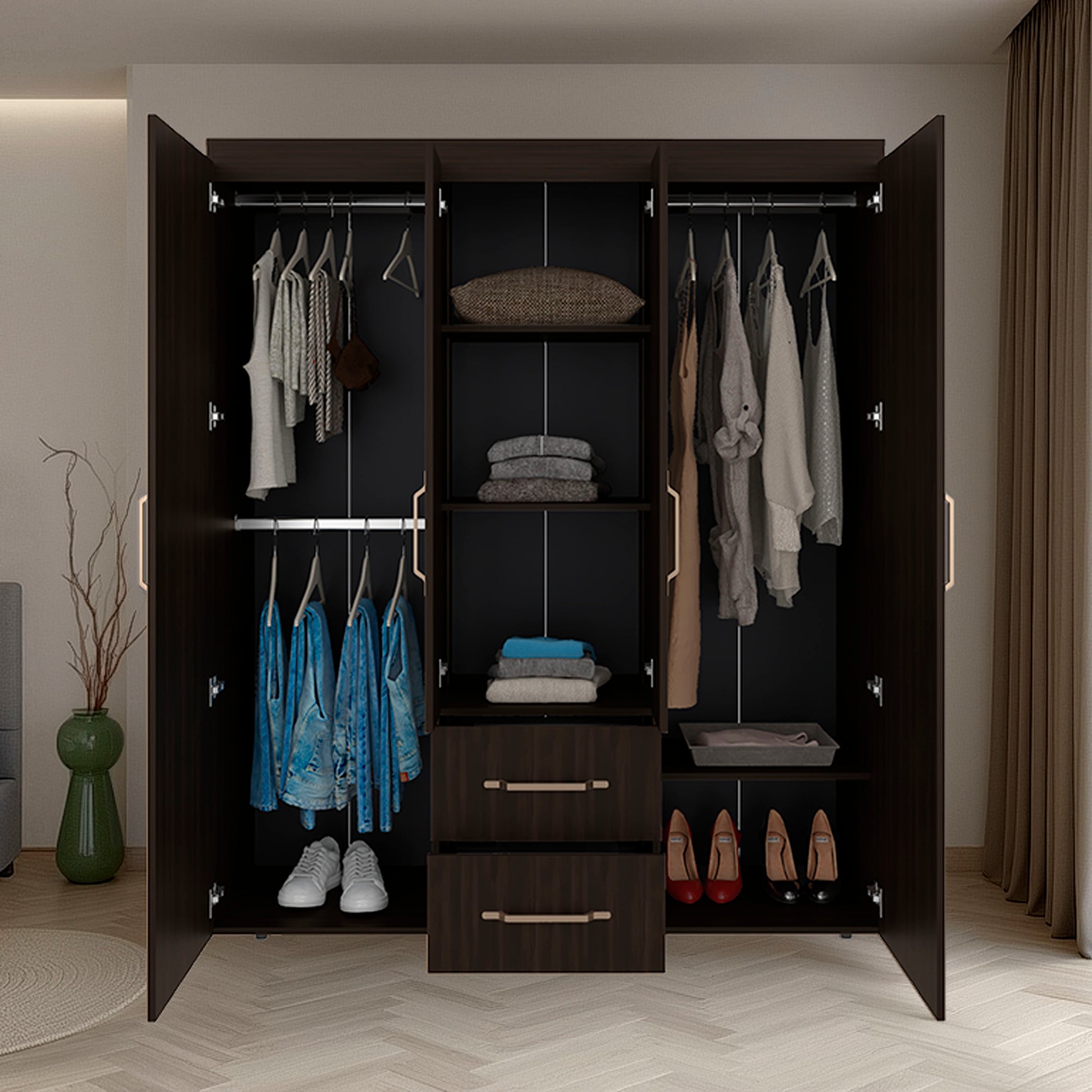 Dark Walnut Wardrobe with 6 Shelves & Hanging Space