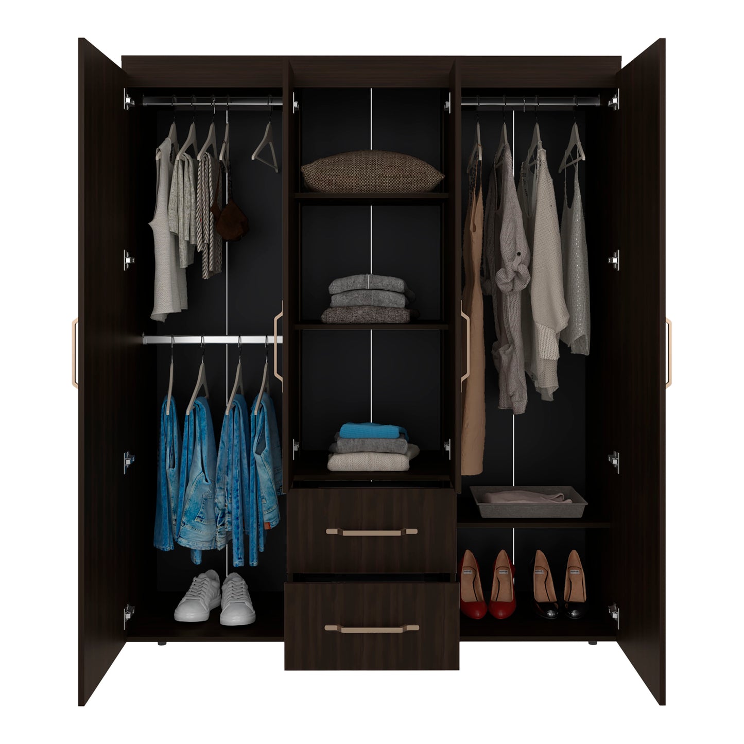 Dark Walnut Wardrobe with 6 Shelves & Hanging Space
