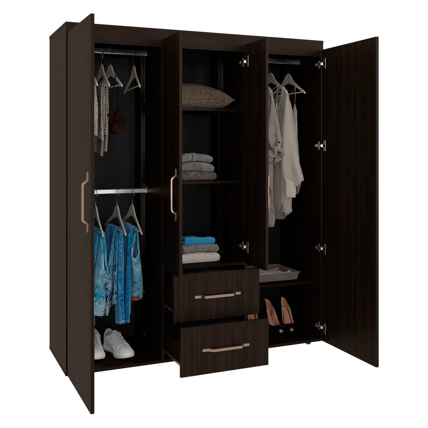 Dark Walnut Wardrobe with 6 Shelves & Hanging Space