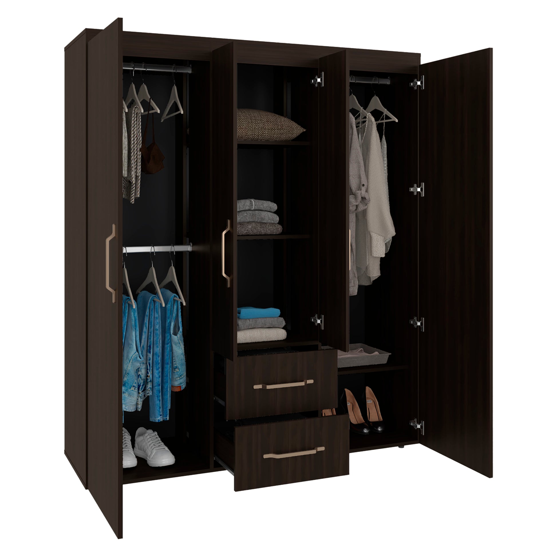 Dark Walnut Wardrobe with 6 Shelves & Hanging Space