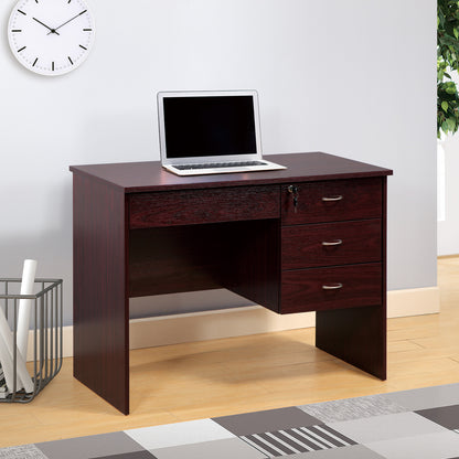 Three locking drawers on metal glides Student Desk Work Desk Modesty Panel Metal Bar Handles Mahogany color