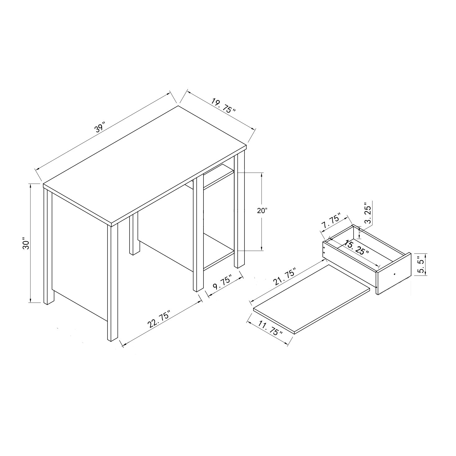 White Computer Desk with One Drawer - 39" Workspace for Home Office