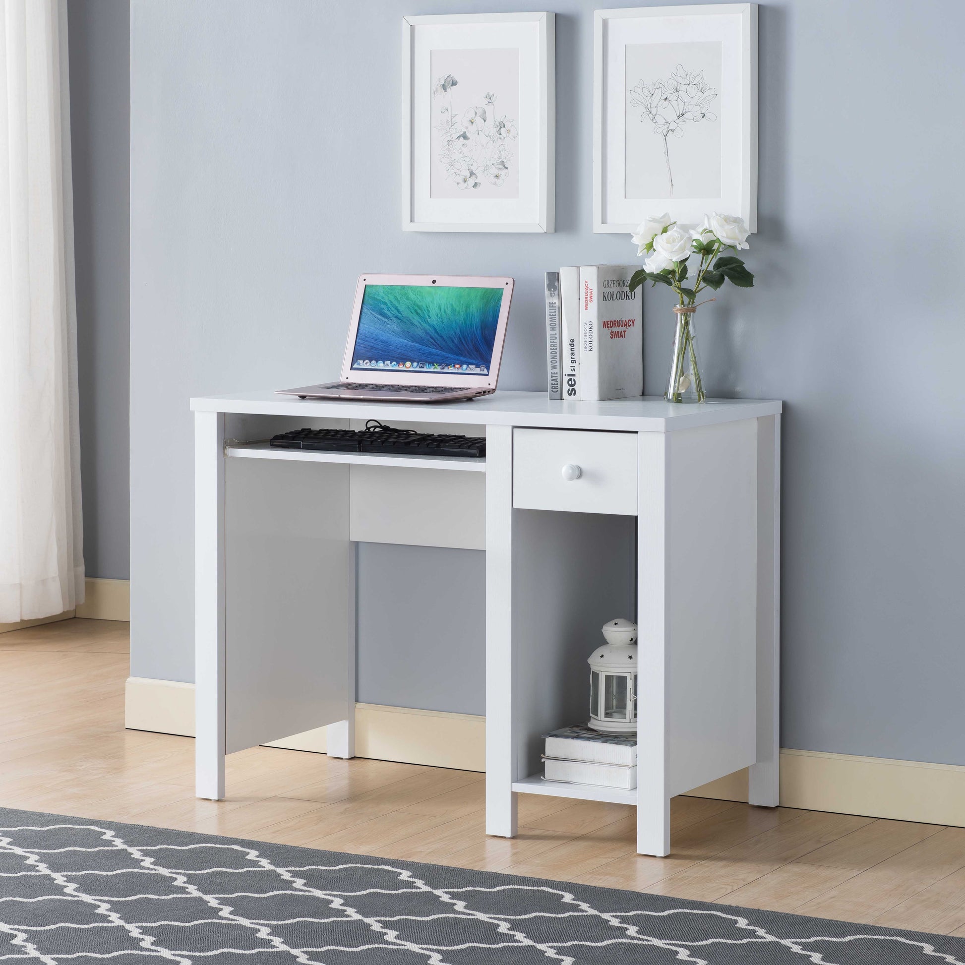 Student desk home office desk 39"W Compact desk Writing Desk Laptop Desk White One drawer Keyboard Drawer Wooden Knob
