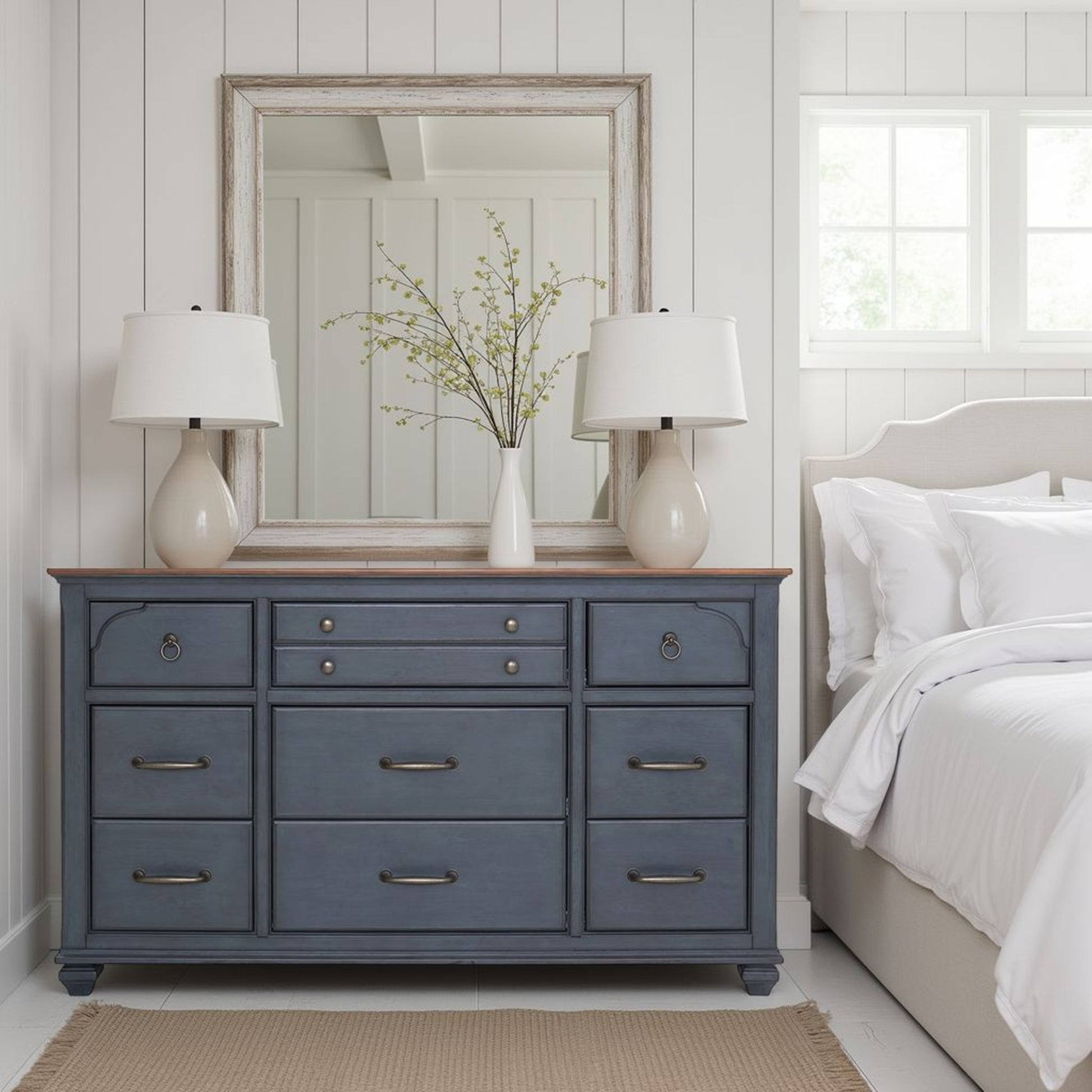 66" Blue Rubber Wood Dresser - Nine Drawers