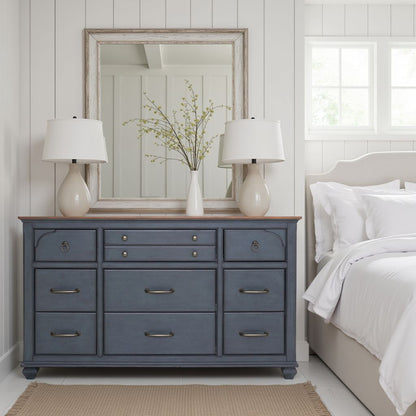 66" Blue Rubber Wood Dresser - Nine Drawers