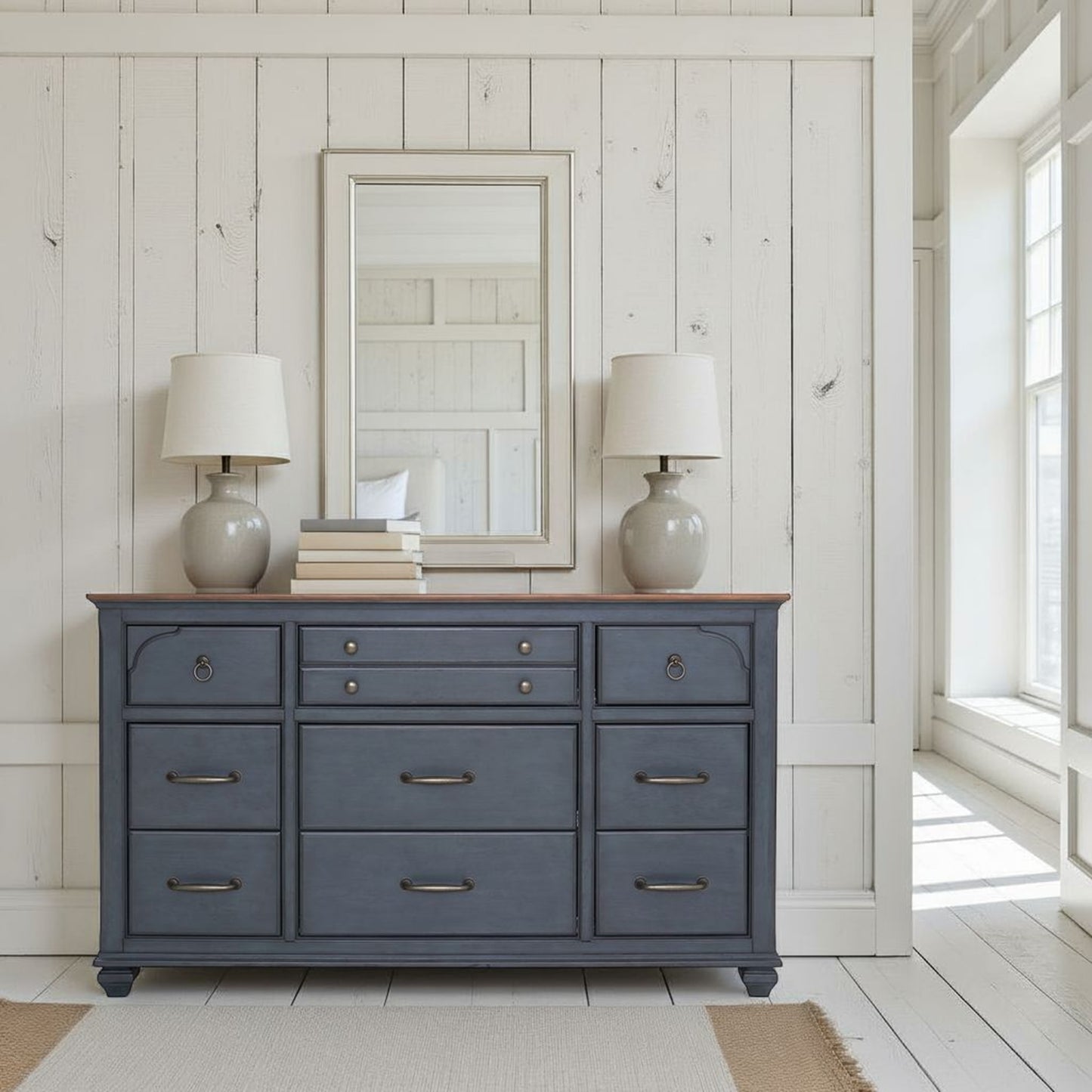 66" Blue Rubber Wood Dresser - Nine Drawers