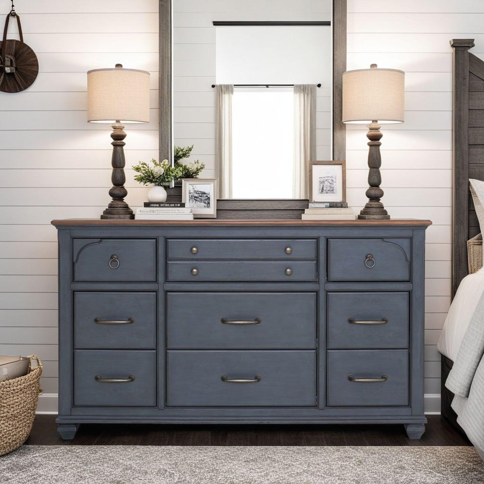 66" Blue Rubber Wood Dresser - Nine Drawers