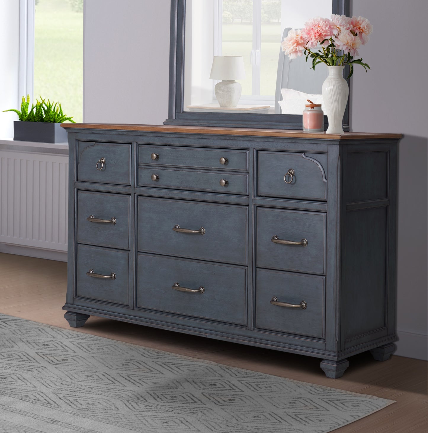 66" Blue Rubber Wood Dresser - Nine Drawers