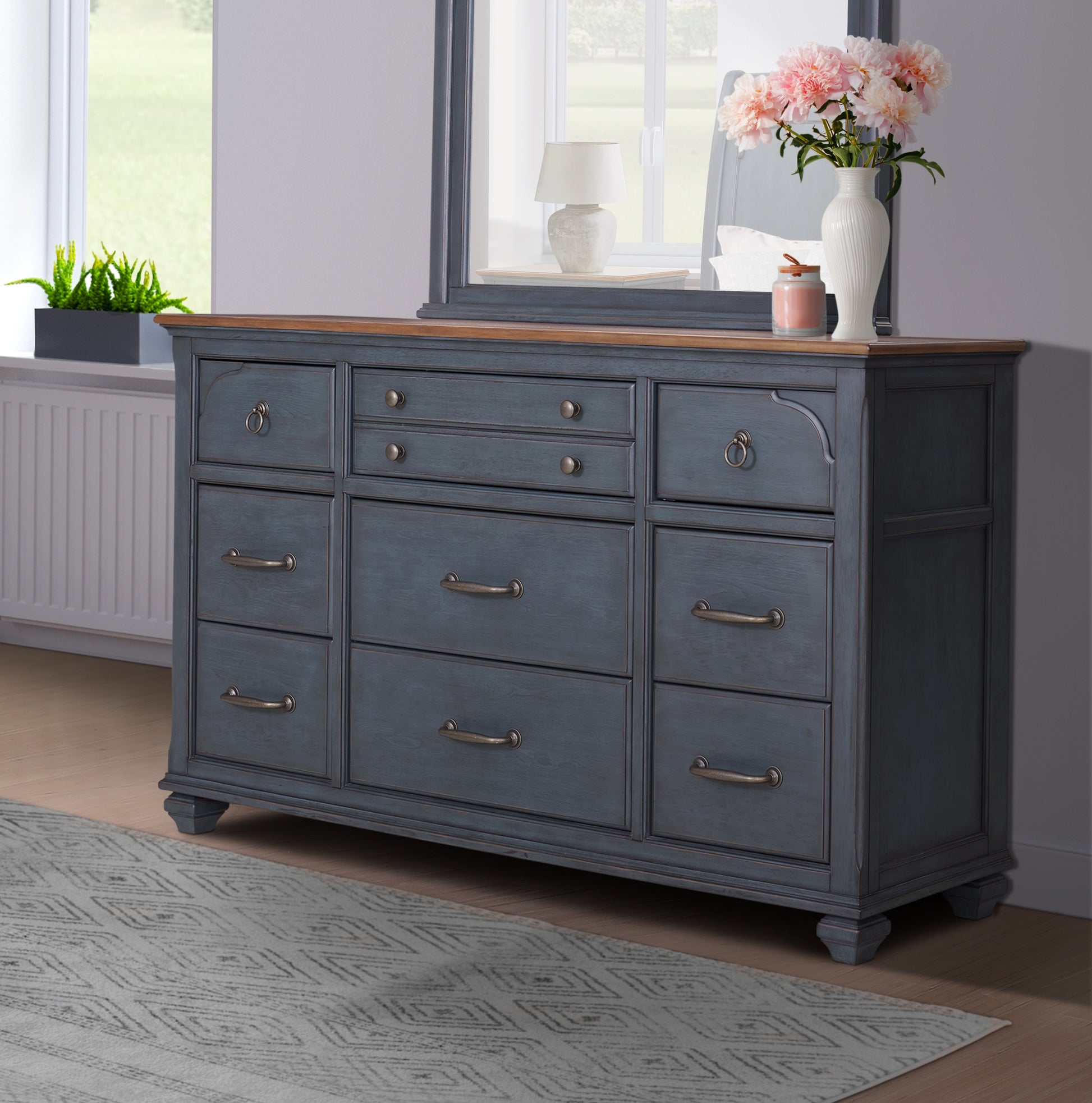 66" Blue Rubber Wood Dresser - Nine Drawers