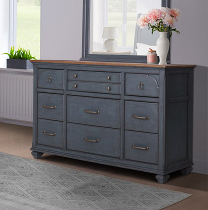66" Blue Rubber Wood Dresser - Nine Drawers