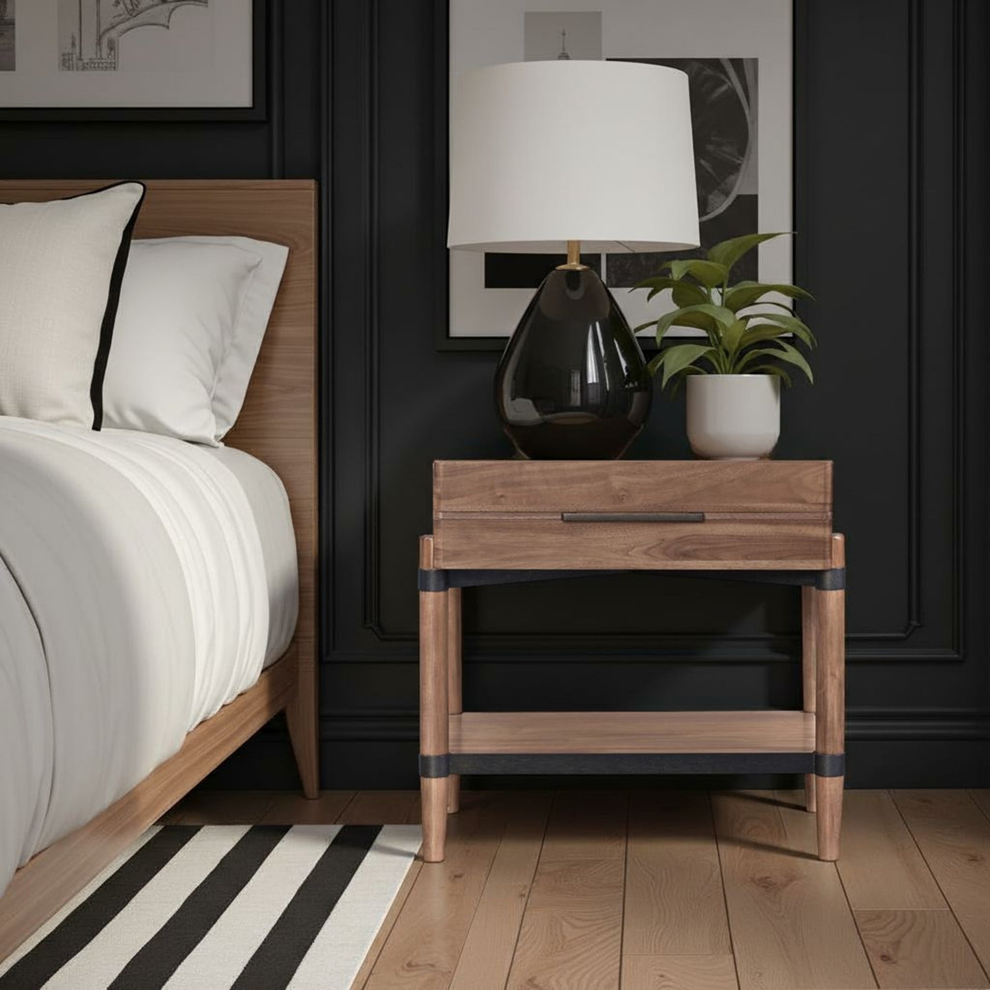 Tranquilty 26 inch One Drawer Nightstand, Minimal Assembly, Walnut Finish