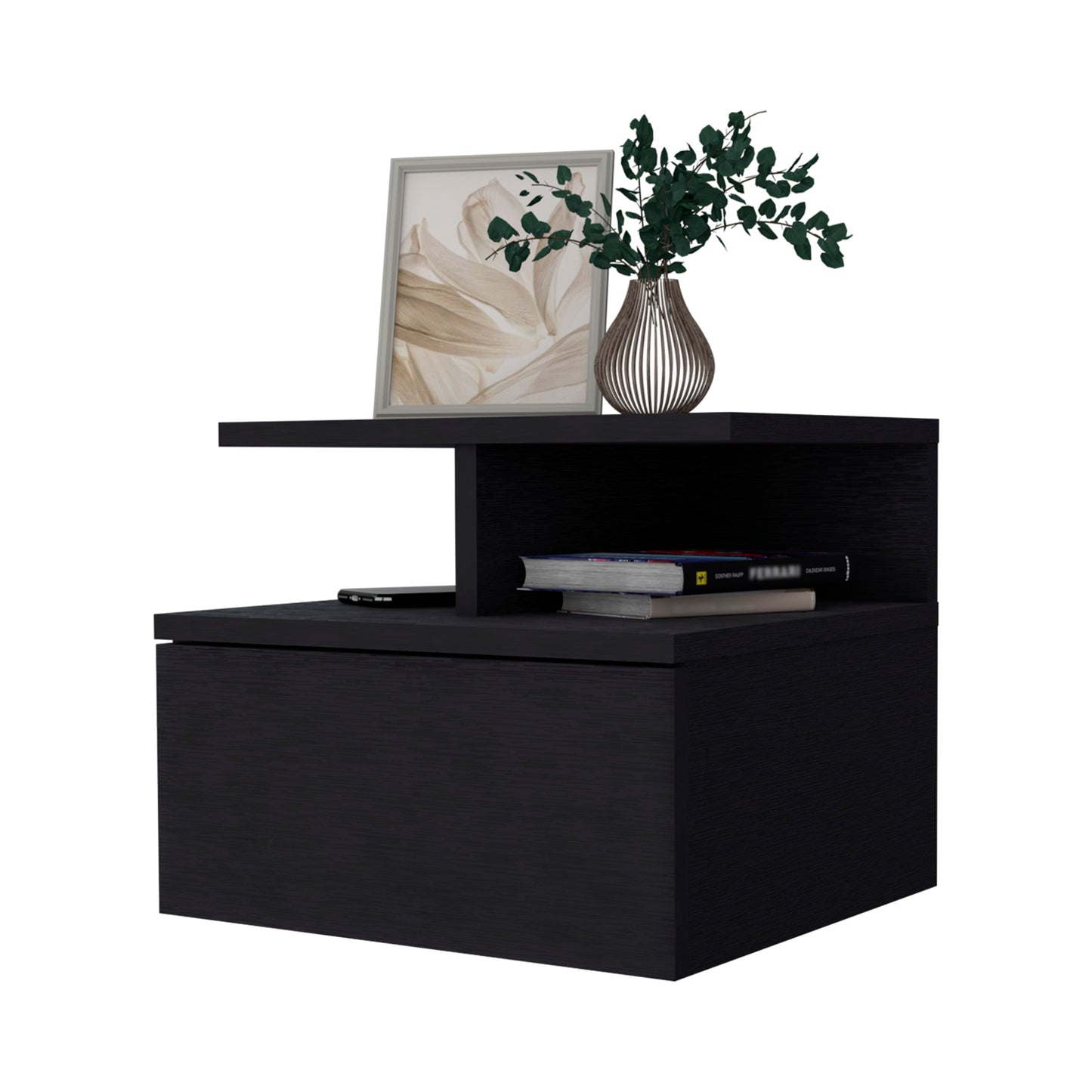 Augusta Floating Nightstand - Black with 2-Tier Shelf & Drawer
