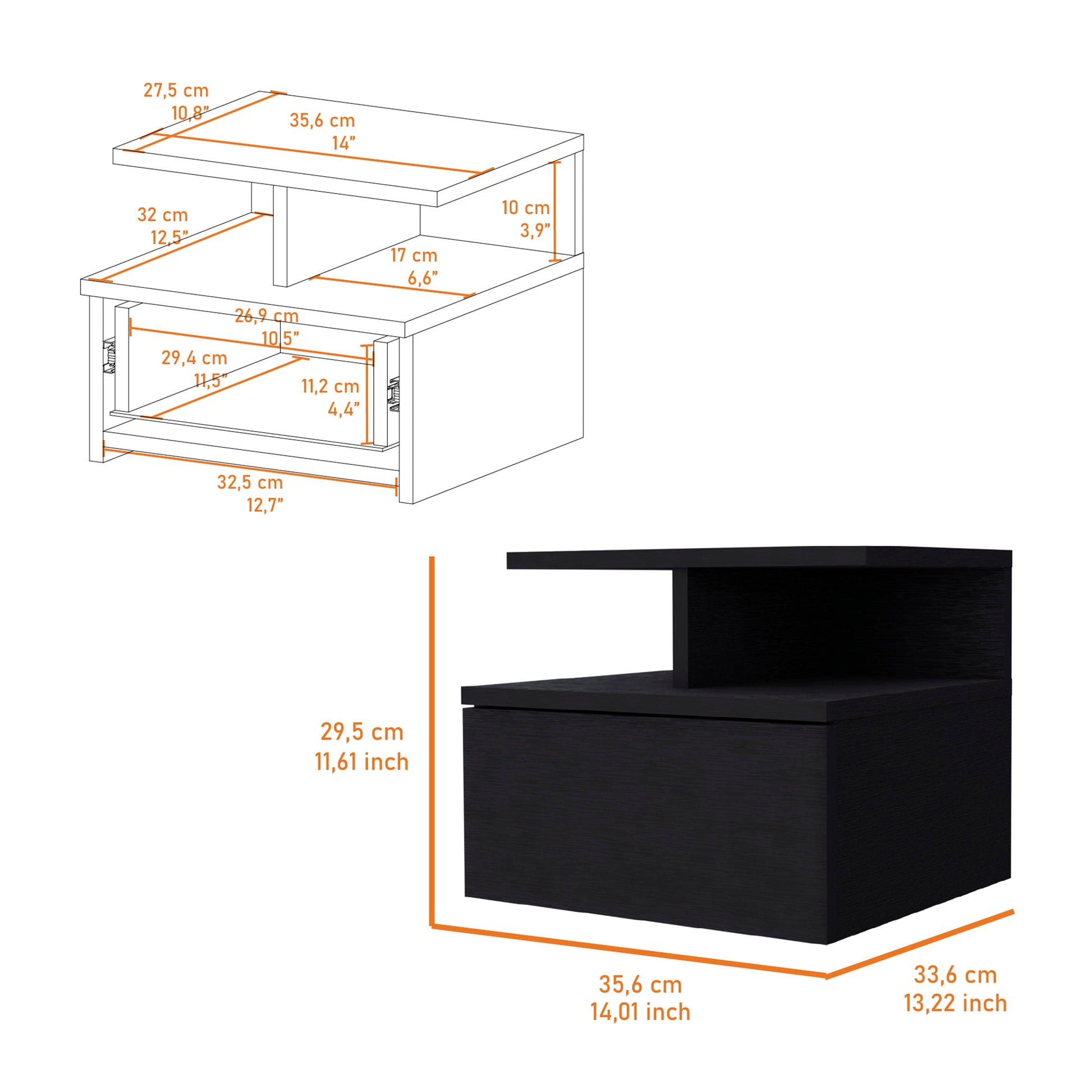 Augusta Floating Nightstand - Black with 2-Tier Shelf & Drawer
