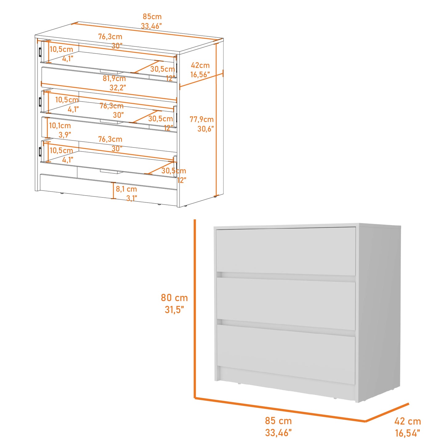 White 3 Drawer Dresser - Bedroom Storage