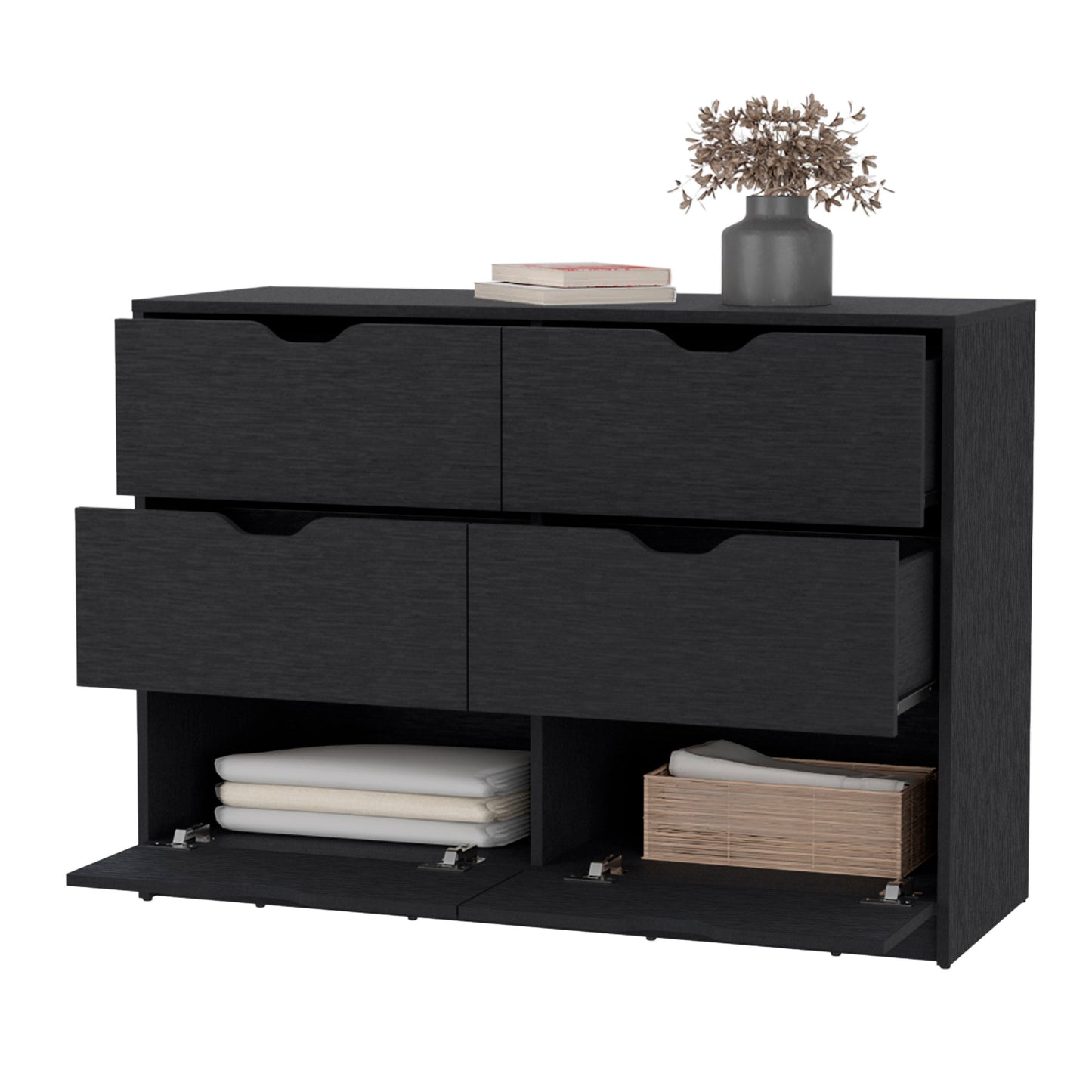 Black Engineered Wood Dresser with Drawers and Cabinets for Bedroom Storage