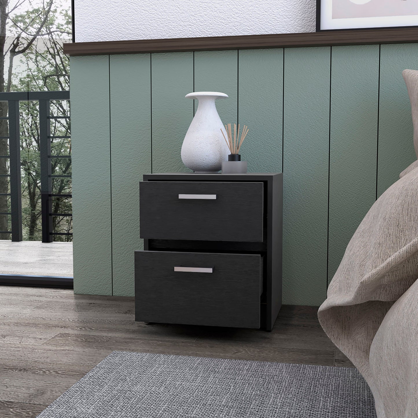 White Engineered Wood 2 Drawer Nightstand - Bedroom Storage