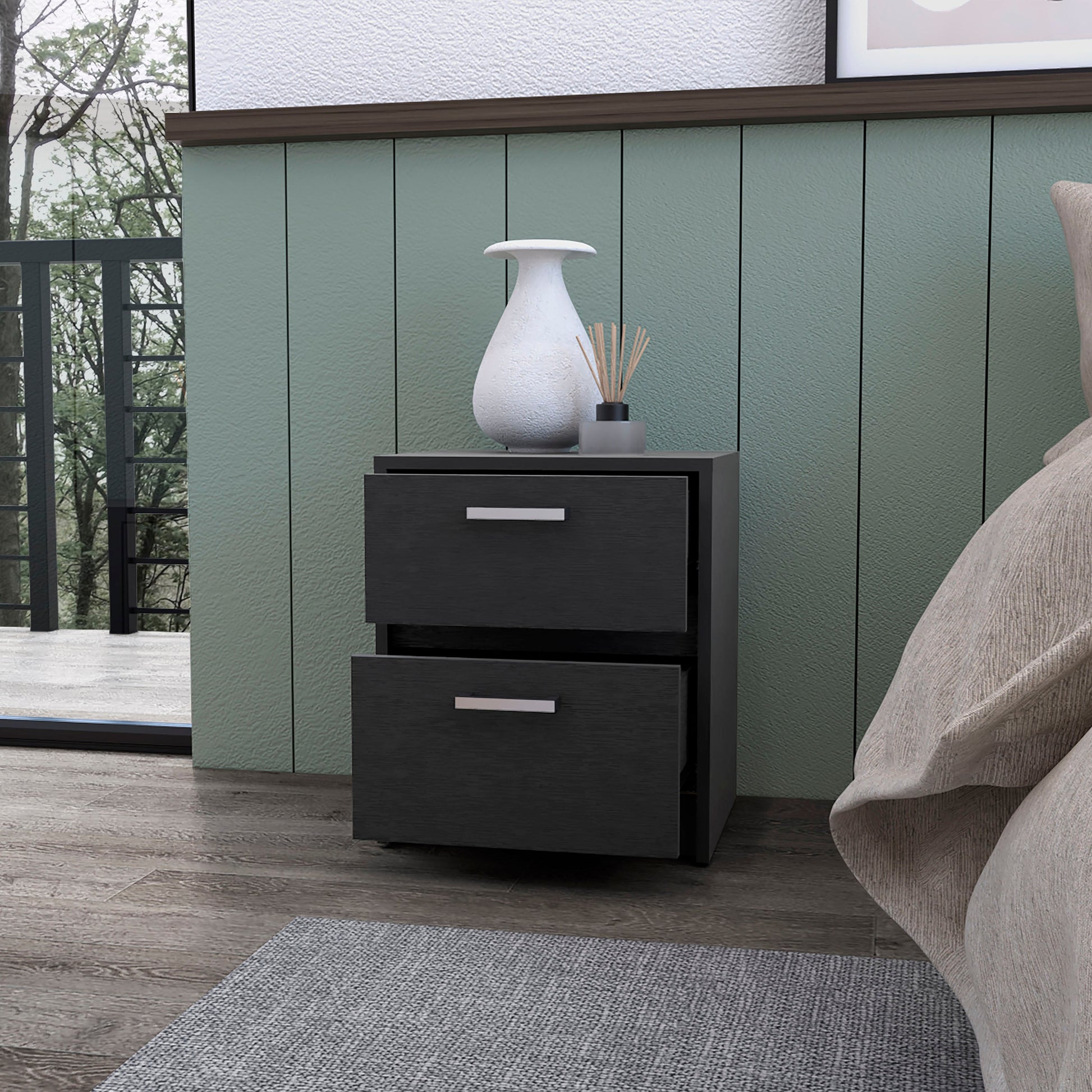 White Engineered Wood 2 Drawer Nightstand - Bedroom Storage