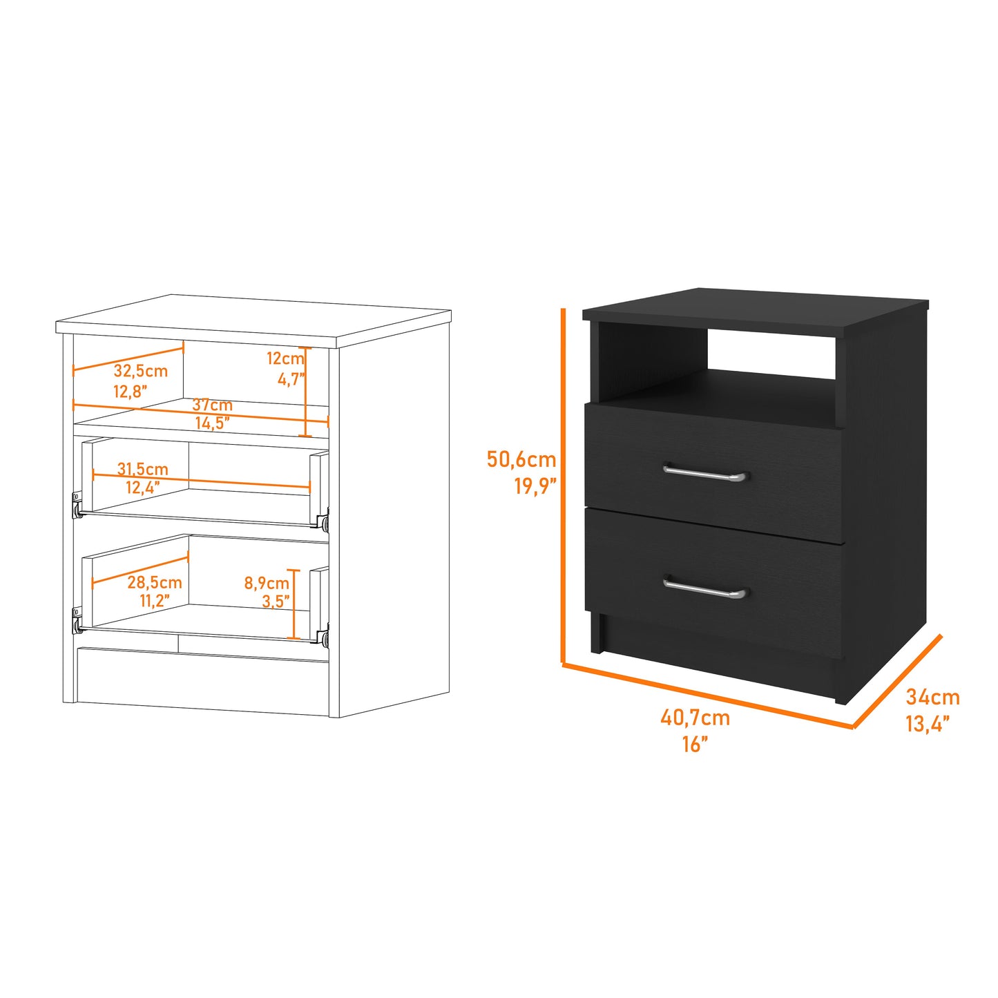 Black Engineered Wood Nightstand with Two Drawers for Bedroom