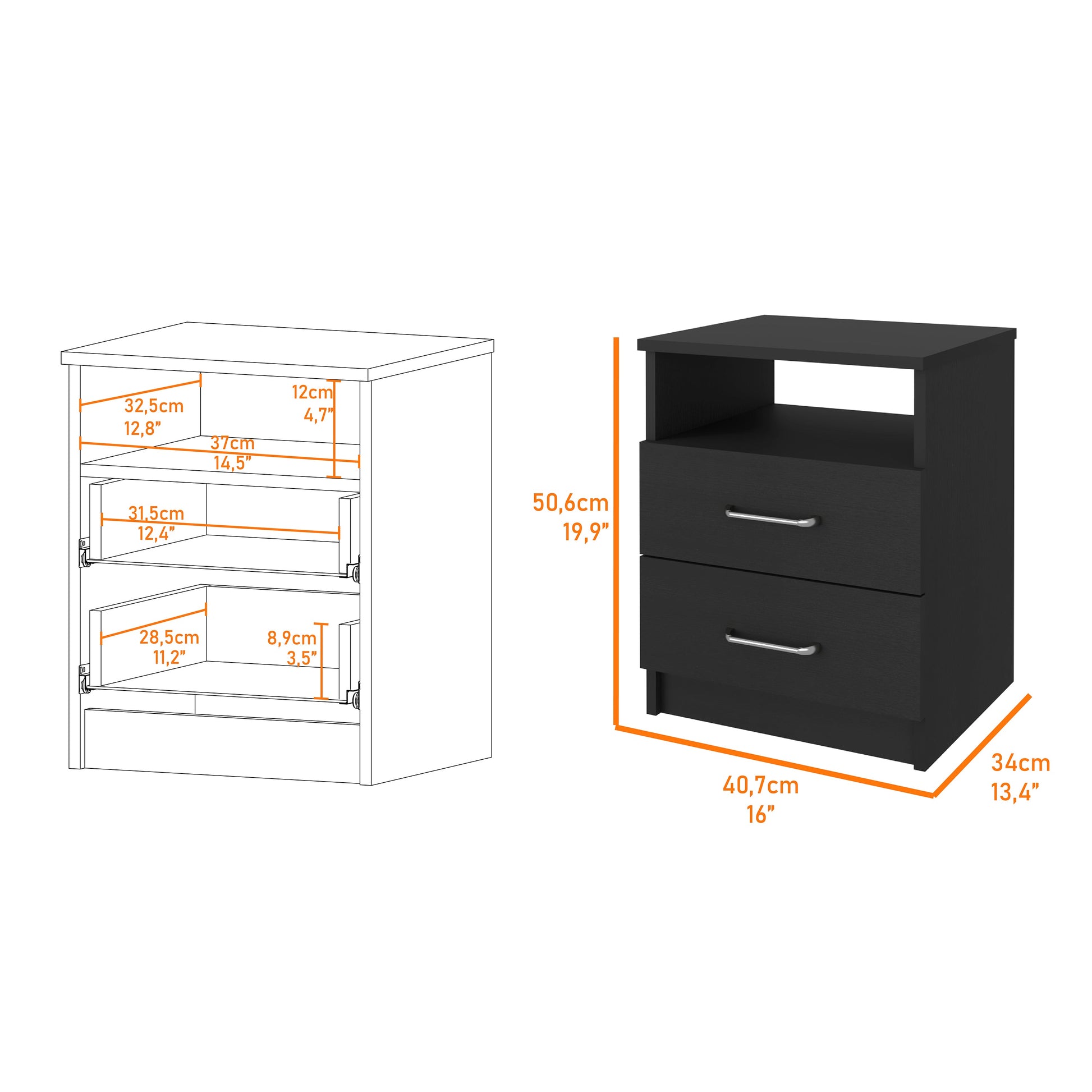 Black Engineered Wood Nightstand with Two Drawers for Bedroom