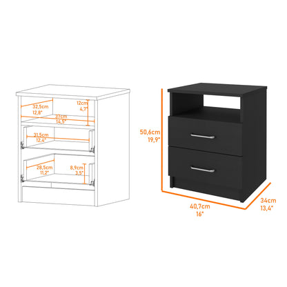 Black Engineered Wood Nightstand with Two Drawers for Bedroom