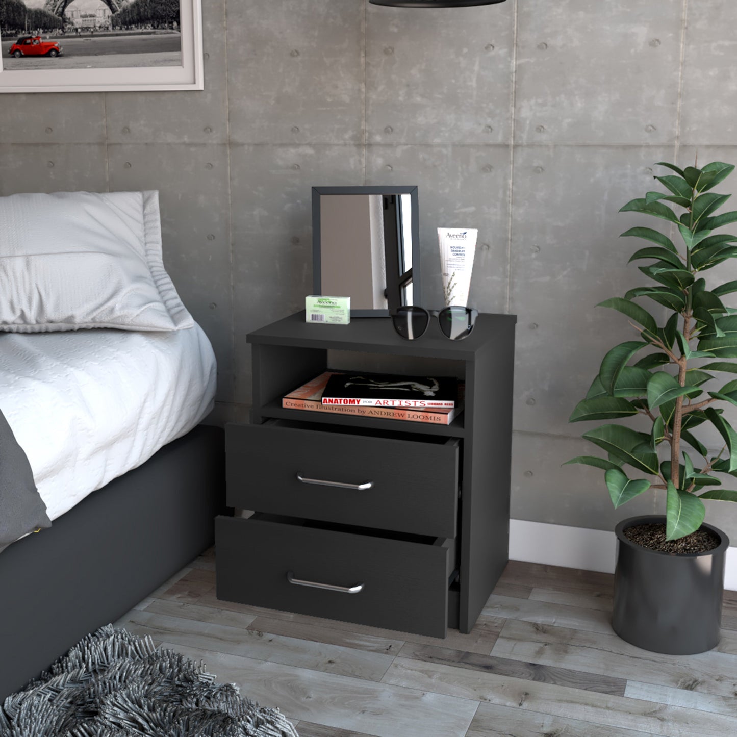 Black Engineered Wood Nightstand with Two Drawers for Bedroom