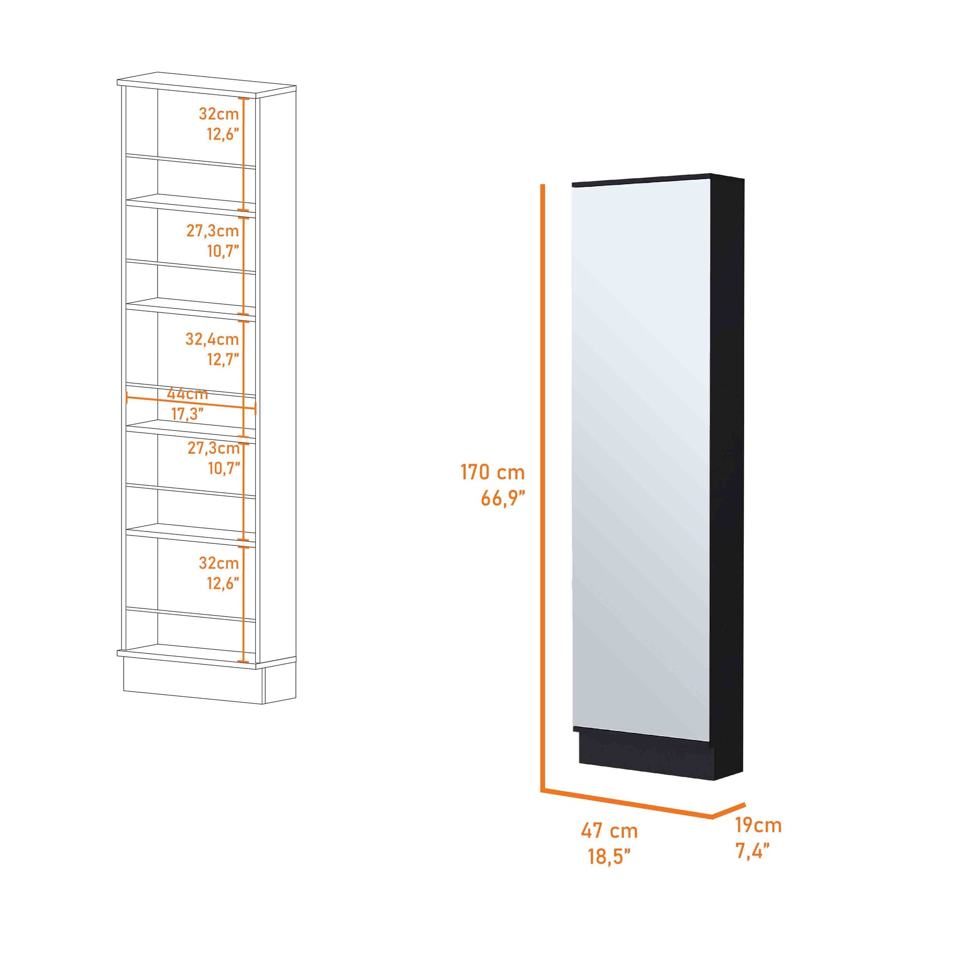 Black Engineered Wood Dresser with Mirror and Five Interior Shelves for Bedroom