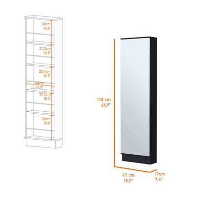 Black Engineered Wood Dresser with Mirror and Five Interior Shelves for Bedroom