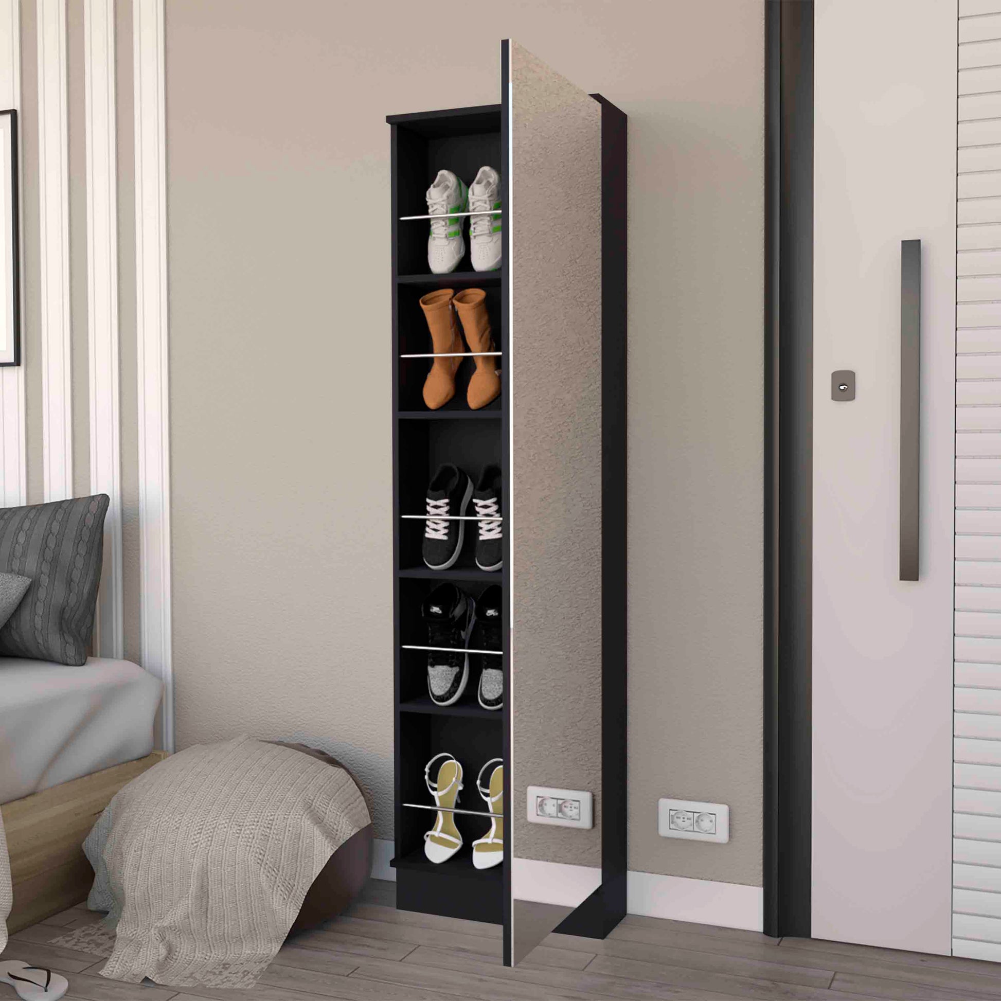 Black Engineered Wood Dresser with Mirror and Five Interior Shelves for Bedroom