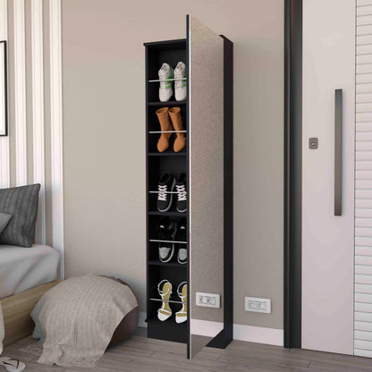 Black Engineered Wood Dresser with Mirror and Five Interior Shelves for Bedroom