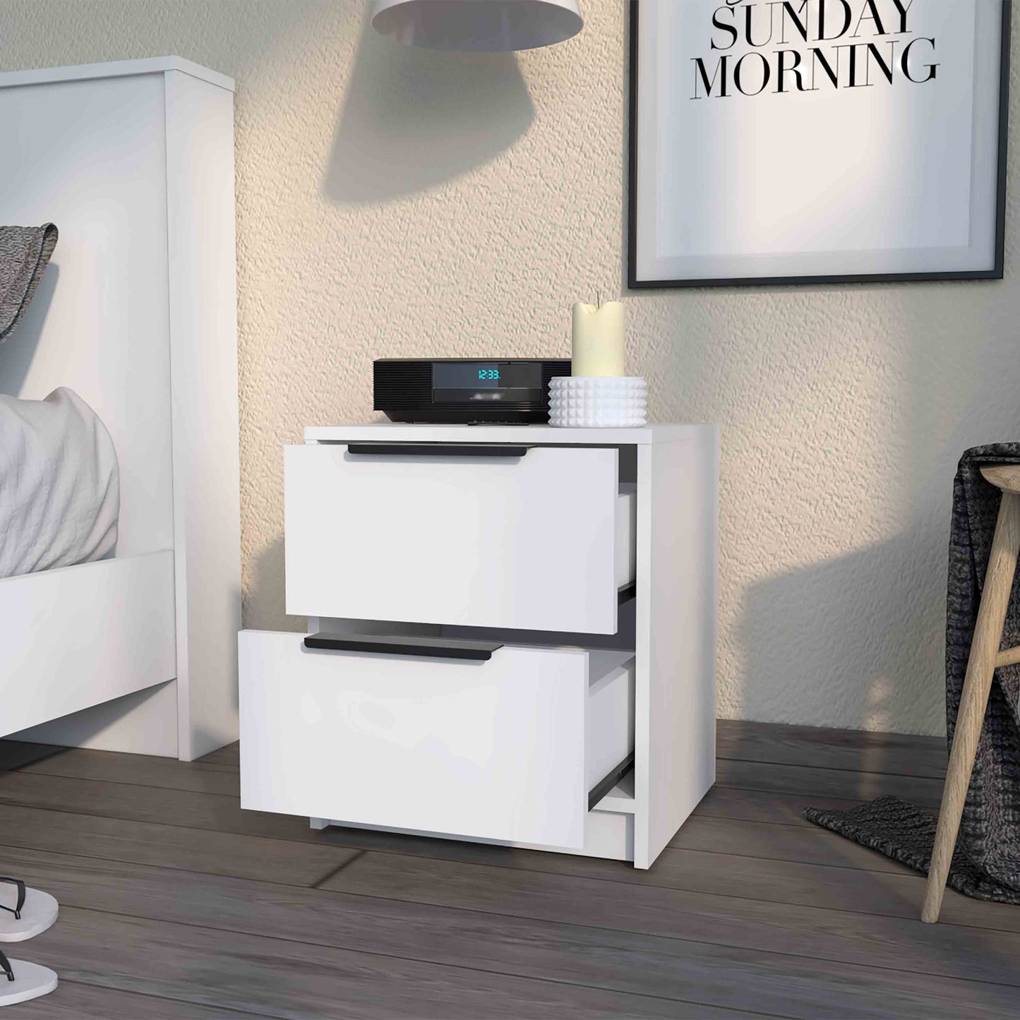 Washington Nightstand - White, 2 Drawers