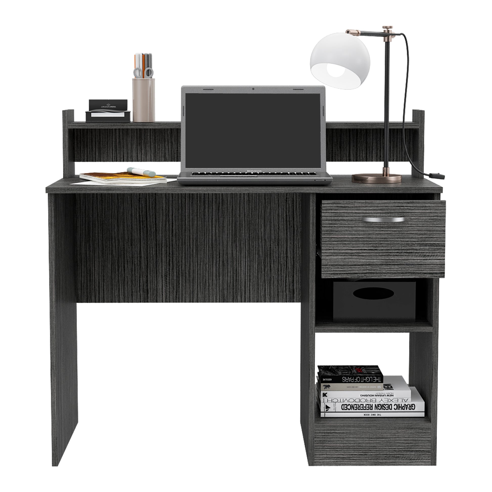 Charlotte Computer Desk - Smoke Gray with Storage Shelves & Drawer for Home Office