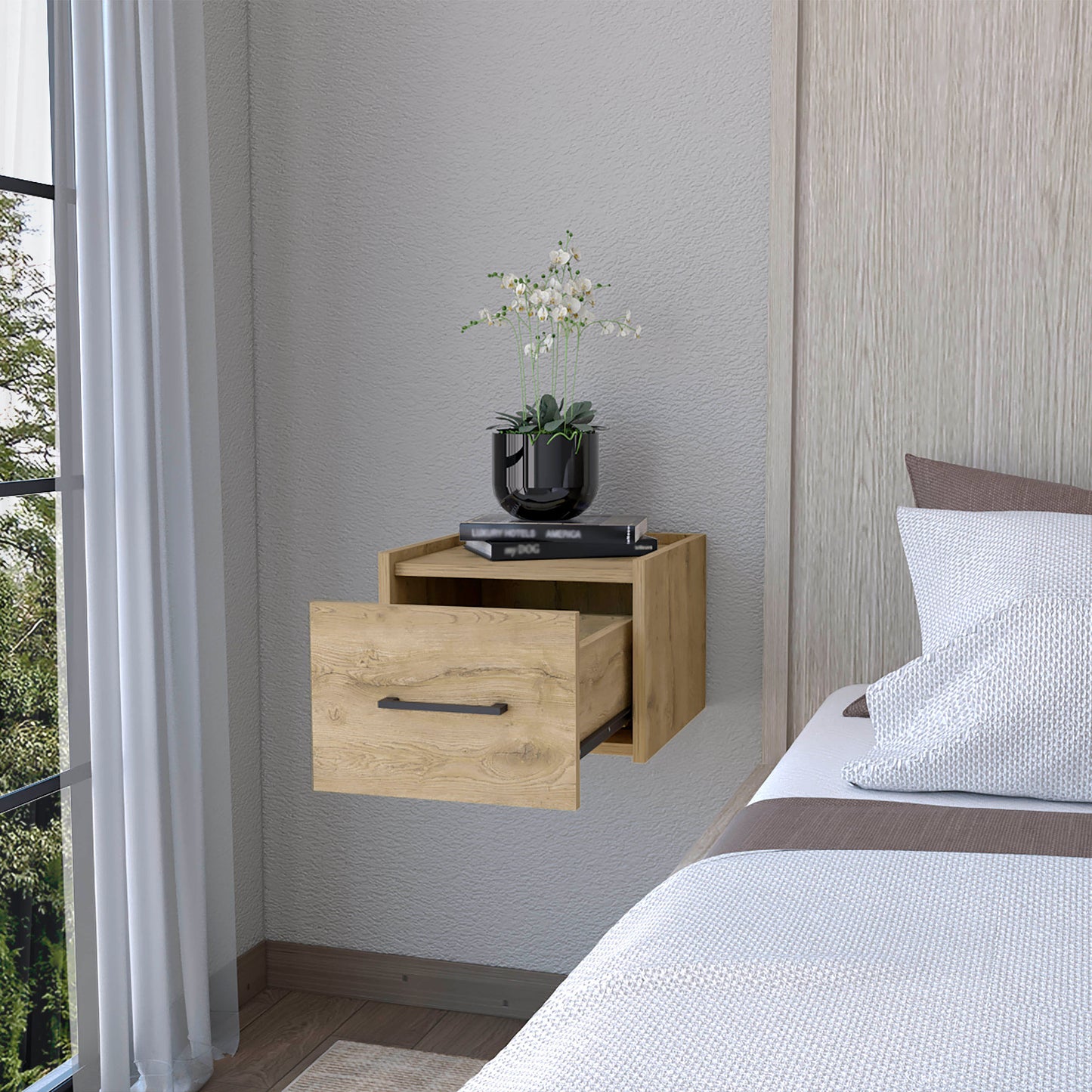 Beige Wall-Mounted Nightstand with Single Drawer Storage for Bedroom