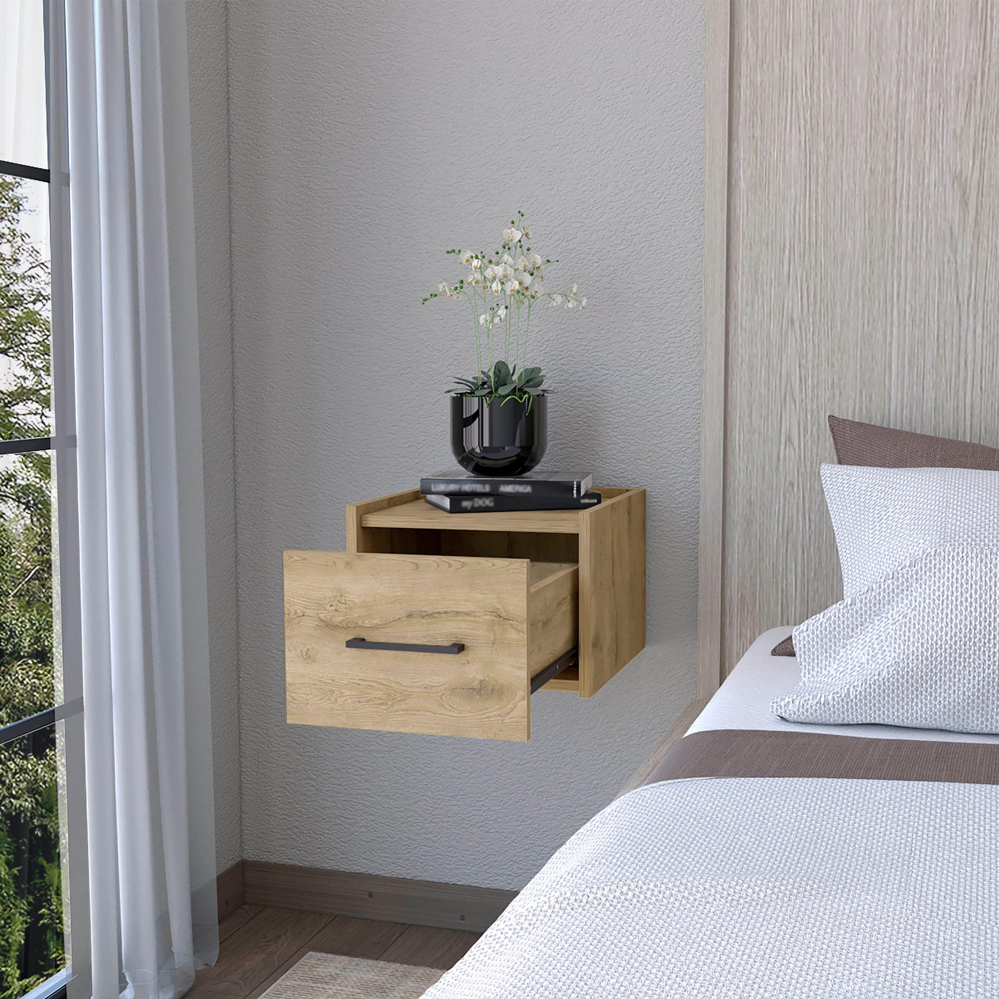 Beige Wall-Mounted Nightstand with Single Drawer Storage for Bedroom