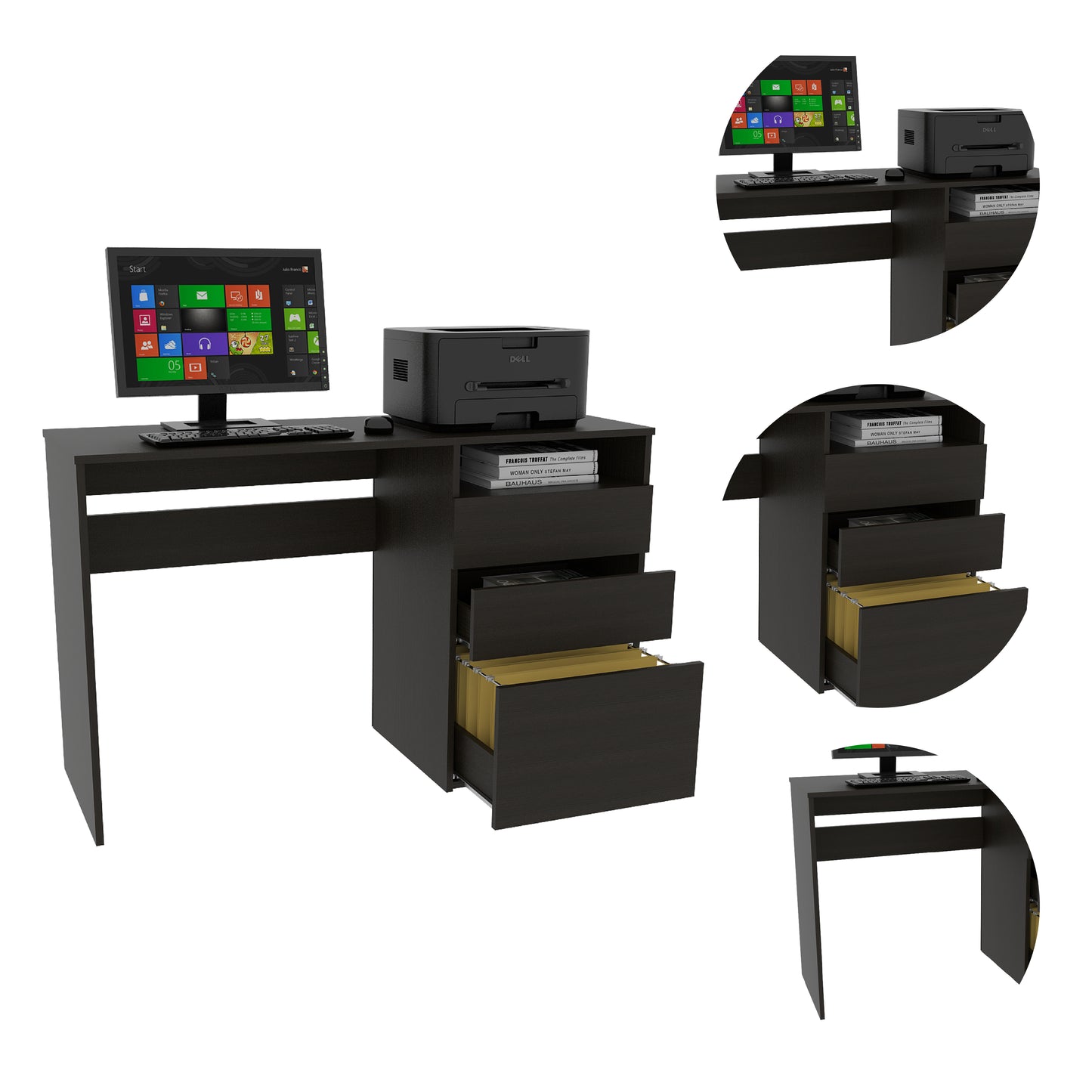 Black Computer Desk with Three Drawers - Office Table for Home Office
