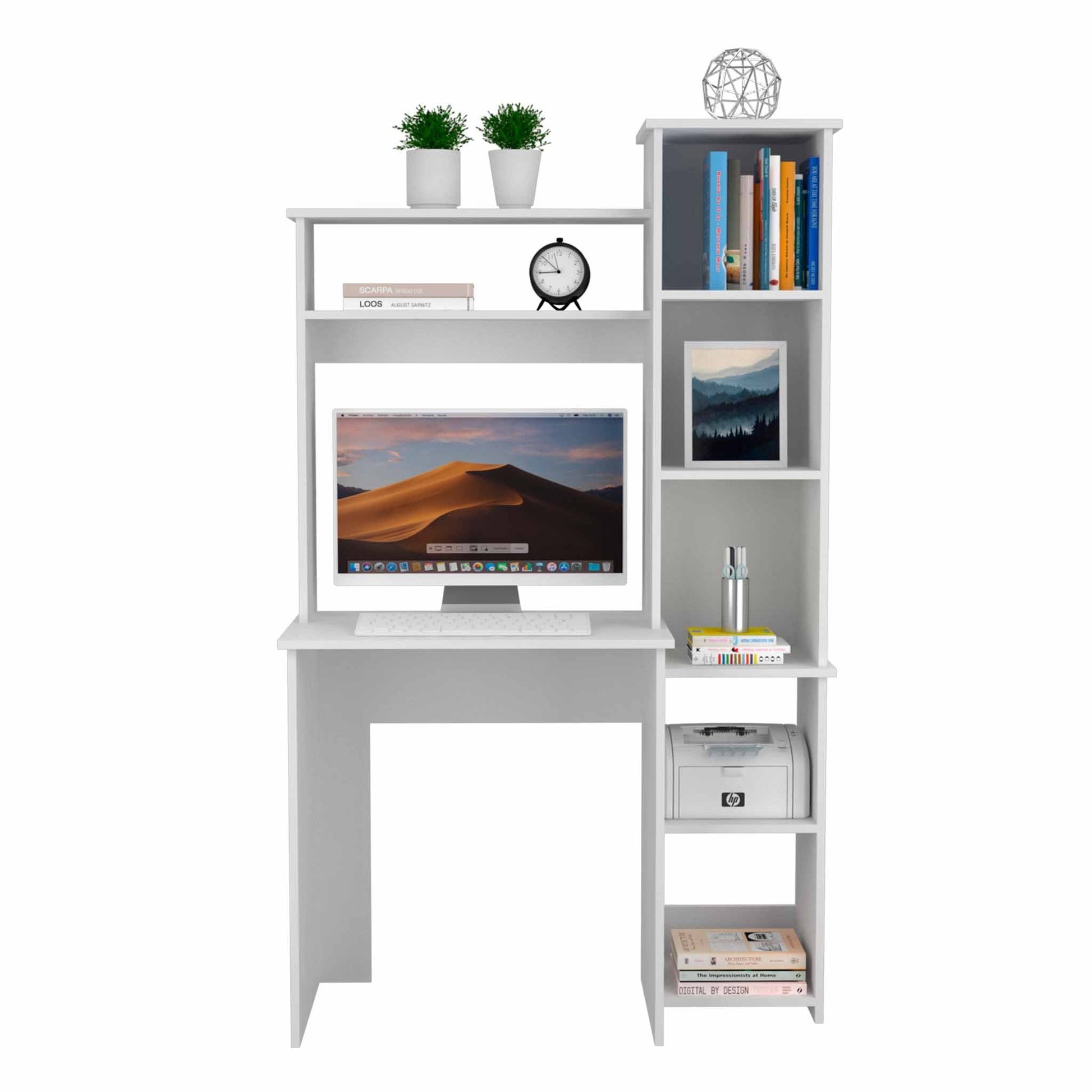 White Computer Desk with Bookcase - 63.9" Rectangular Office Table